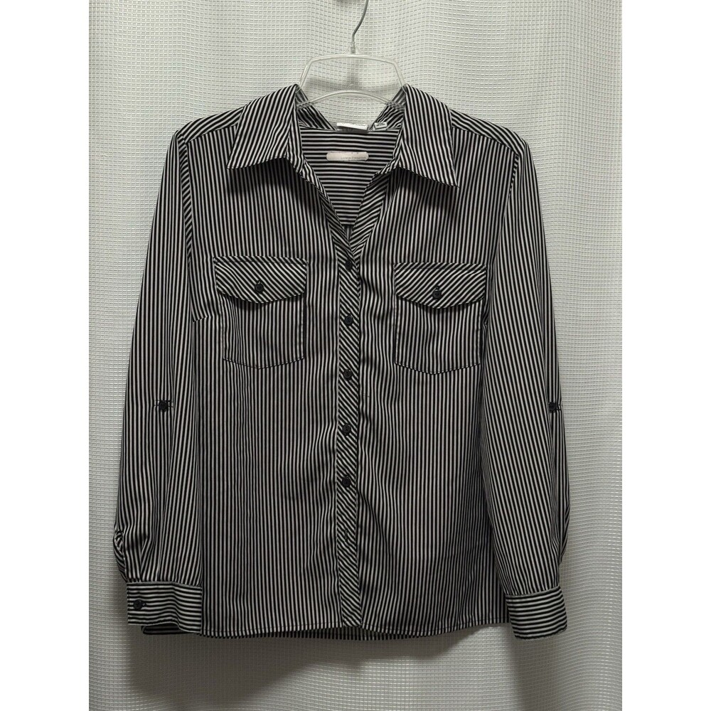 Kim Rogers Petite PL Black Gray Stripe Button Up Blouse Roll Tab Sleeves